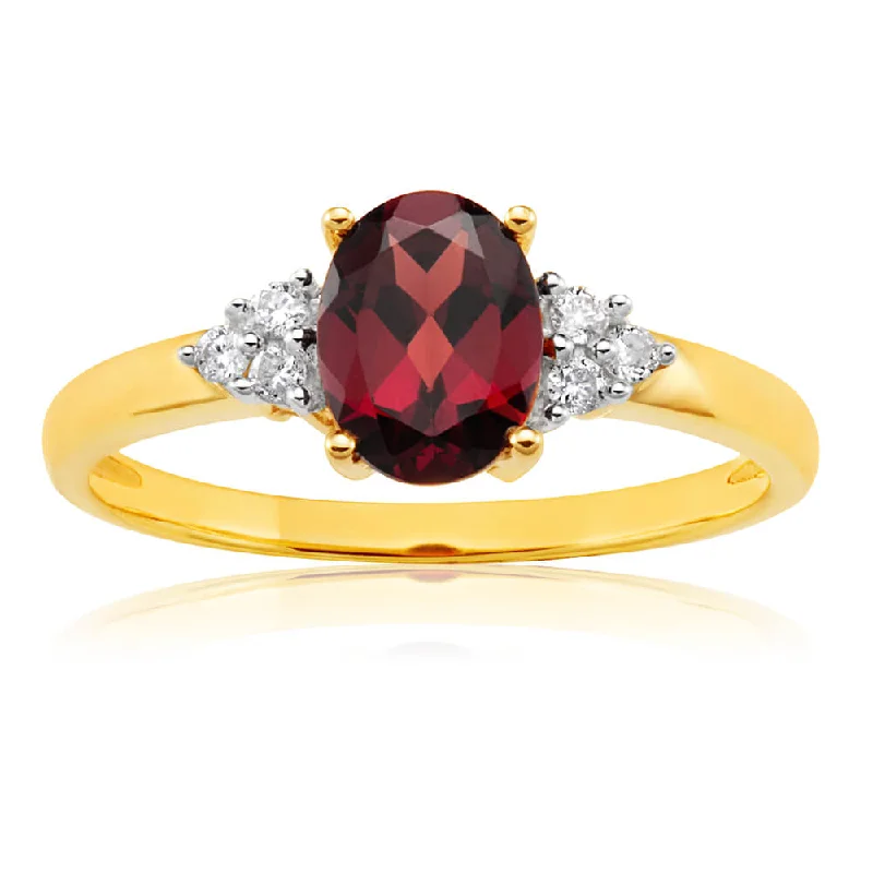 women’s engagement rings with pearls -9ct Yellow Gold 4x6mm 1.4ct Oval Garnet + Diamond Ring