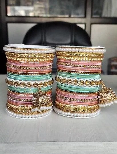 custom engraved bangles for women -Pink & Mint Bridal Jhumki Bangles Set, Stones Pearl work, Wedding bangles, Indian Jewelry, Bridal Bangles Wedding Navratri Bollywood Bangles