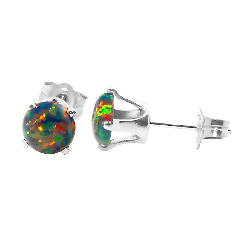 large statement earrings for women -Aurora: 1.3ct 6mm Black Australian Opal Crown Set Stud Earrings 925 Silver