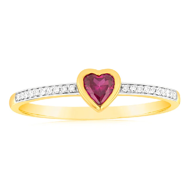 women’s sapphire and diamond rings -Created Ruby & Heart Shaped Diamond Ring in 9ct Yellow Gold