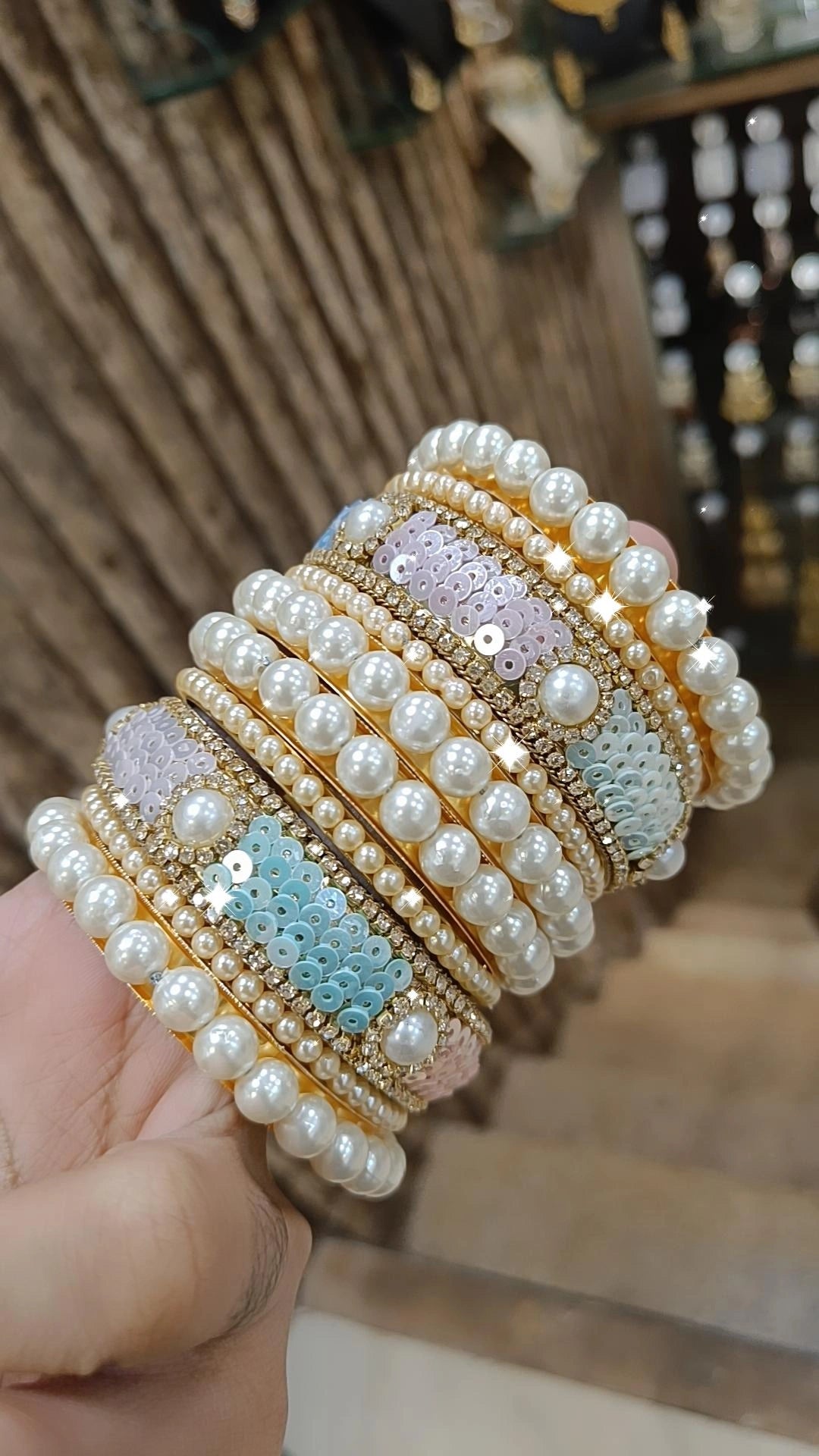 luxury cuff bangles for women -Pakistani Pearl Bridal Bangles with Crystal Detailing Dangling Charms