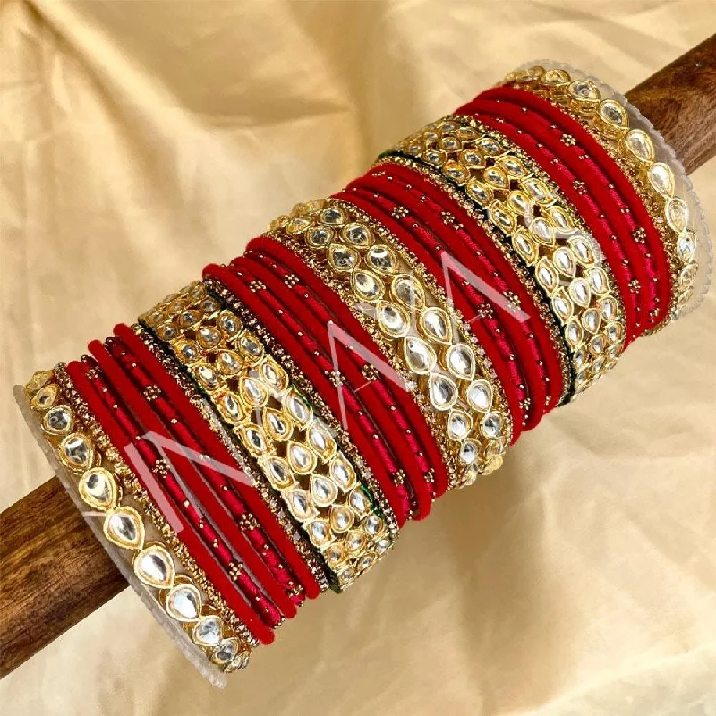 women’s engraved bangles -Silk Thread Kundan Kada Stones Bangle Set