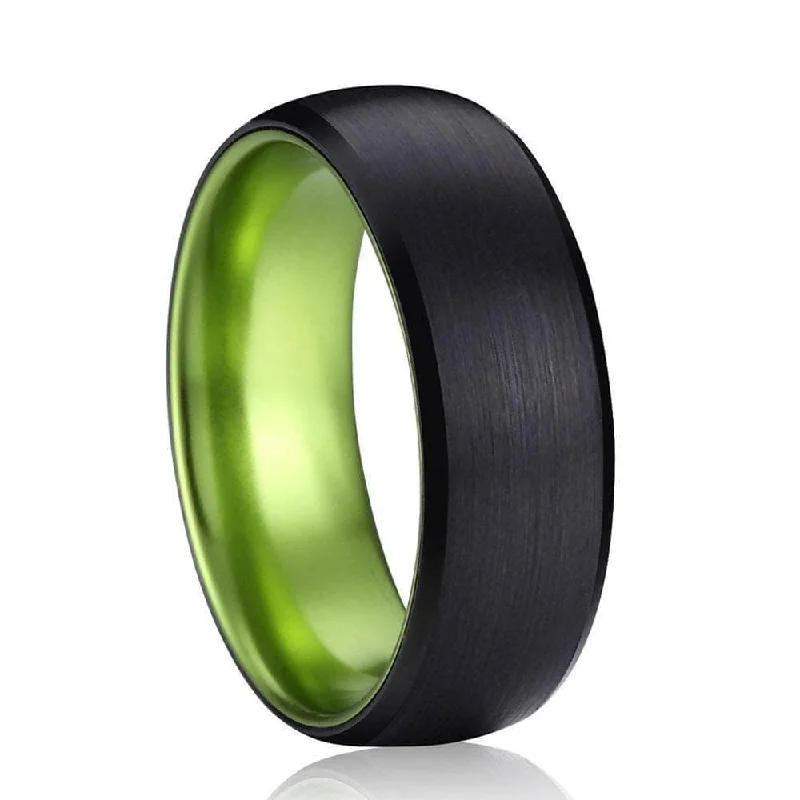 women’s stackable rings -Men's and Women's 8mm Black Brushed Dome Tungsten Carbide Wedding Band with Inner Green Color