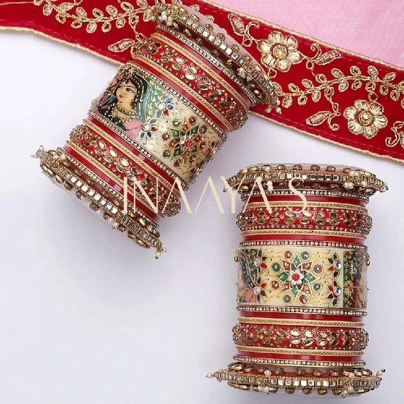 elegant bangles for women -Radha Krishna Rajwadi chuda, Bridal chuda, Dulhan Bridal Art Stones Bangles Set, Jaipur Rajasthani Indian chura, Red Green Chura Set