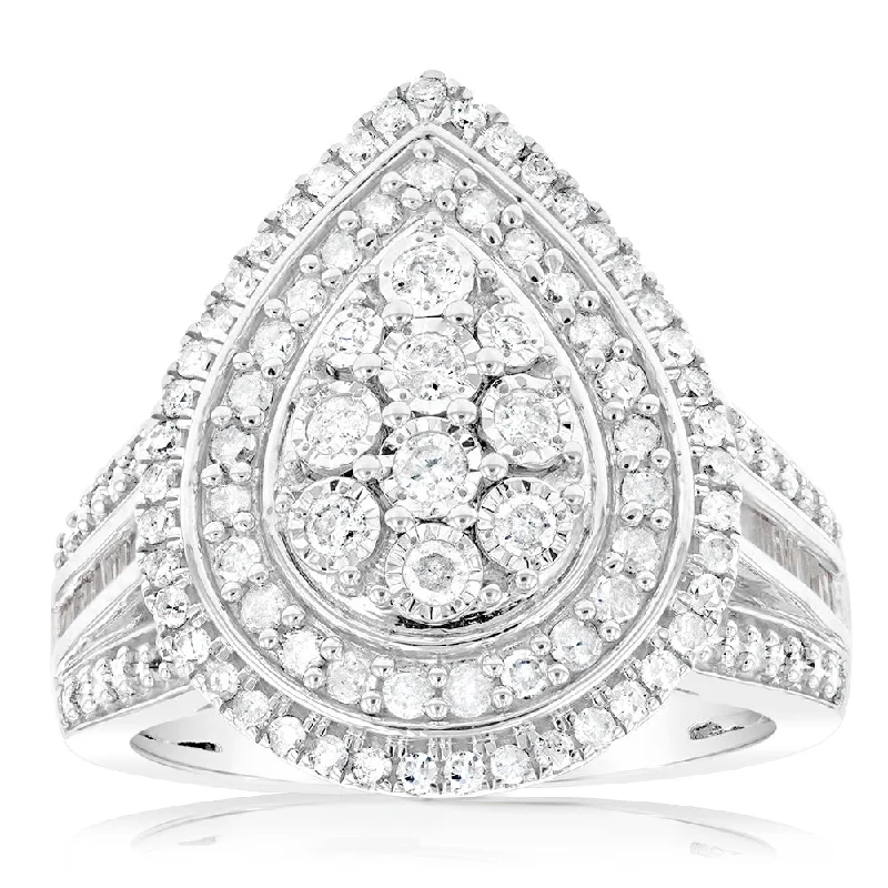 women’s matching engagement and wedding rings -Sterling Silver 1 Carat Diamond Ring With 110 Brilliant & 22 Baguette Cut Diamonds