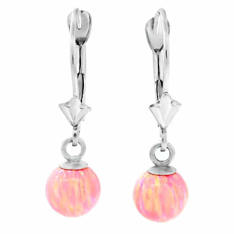 women’s triangle stud earrings -Elana: Pink Angel Skin Created Australian Opal Ball Drop Leverback Earrings 14K White Gold