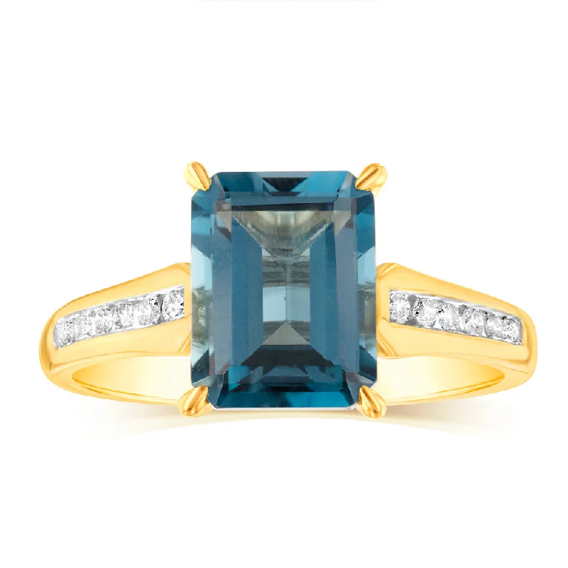 handmade engagement rings for women -9ct Yellow Gold Natural London Blue Topaz and Channel Set Diamond Ring