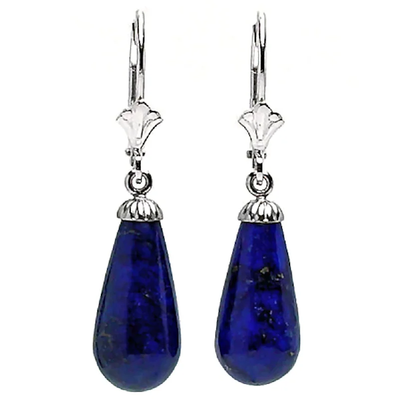 silver earrings for women -Natural Lapis Lazuli Teardrop Leverback Earrings 14K White Gold