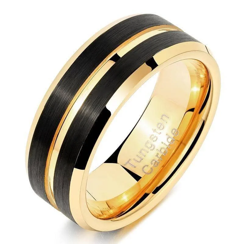 women’s stackable rings -Tungsten Carbide Rings For Men Black and Gold Ring 8mm Wedding Band