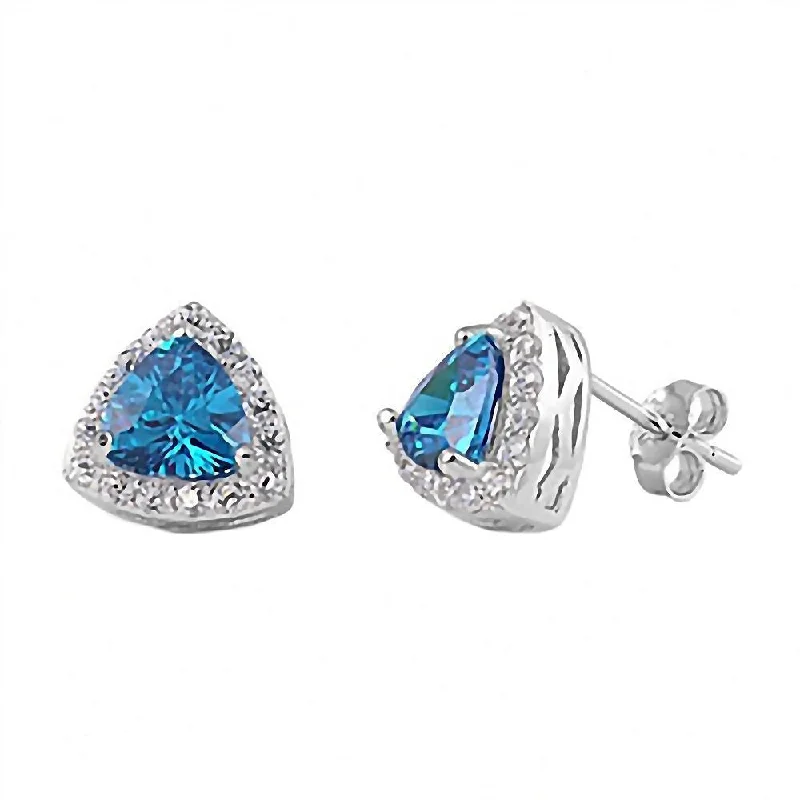 women’s rose gold earrings -Lacey: Swiss Blue Topaz Ice CZ Trillion cut & IOF CZ Halo Earrings