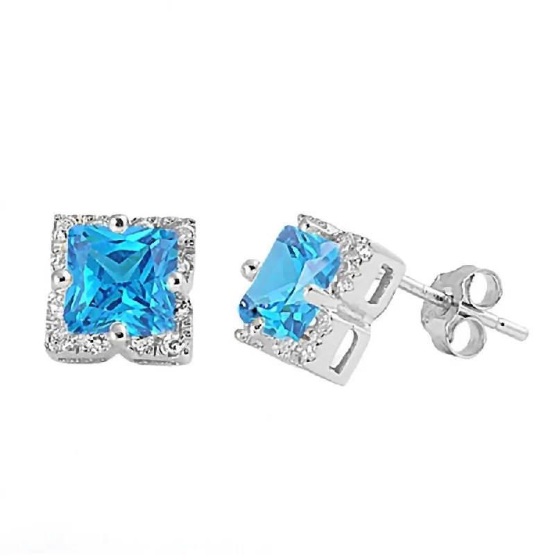 women’s multi-chain earrings -Abby: 6mm Princess cut Blue Topaz Ice CZ & IOF Halo Silver Earrings