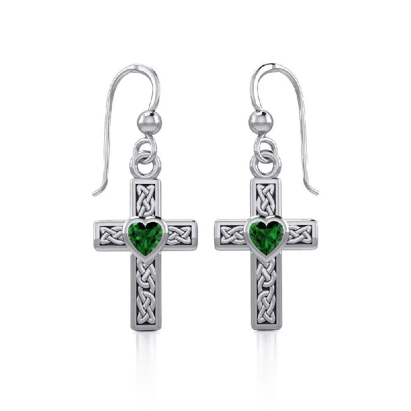 women’s bohemian drop earrings -Celtic Cross Silver Earrings with Heart Gemstone TER1841