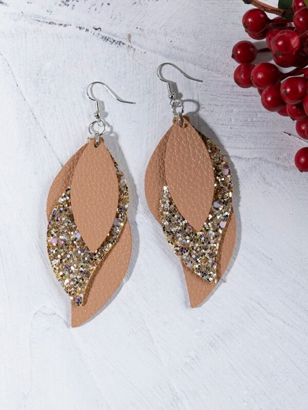 silver drop earrings for women -Tan w/ Glitter Triple Layered Leather Style Earrings