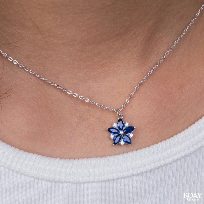 sterling silver necklaces for women -Blue Zircon Flower (01)  Necklace