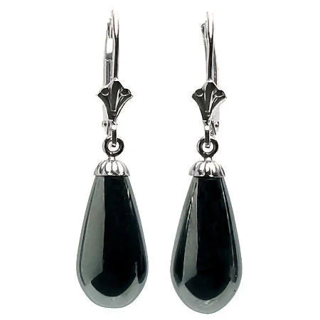 gold-plated earrings for women -16mm Black Onyx Teardrop Leverback Earrings 14K White Gold