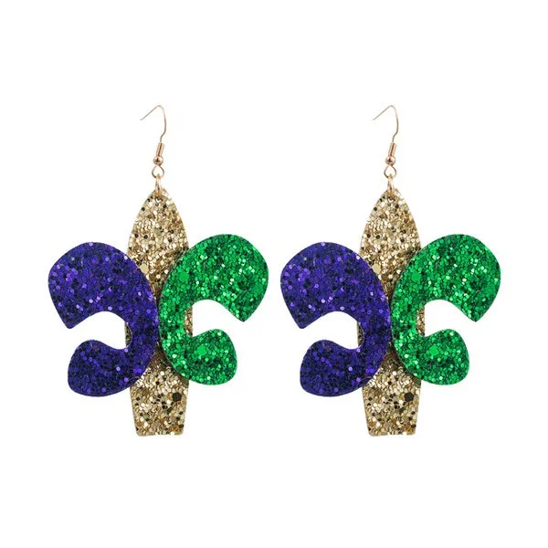 affordable earrings for women -Gold, Green, & Purple Glitter Fleur De Lis Earrings