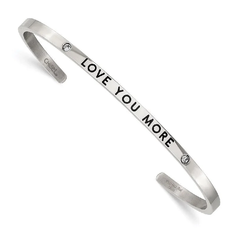 women’s stretch bracelets -Stainless Steel Polished Enamel/Crystal LOVE YOU MORE 3mm Cuff Bangle