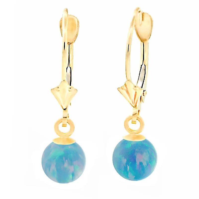 women’s vintage gold earrings -Carrie: Cornflower Blue Created Australian Opal Ball Drop Leverback Earrings 14K Yellow Gold