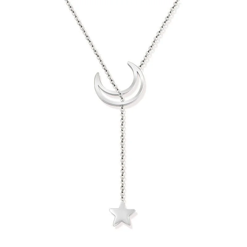 wedding necklace sets for women -Moon And Star Titanium Steel Y Necklace