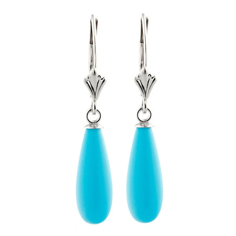 women’s rose gold earrings -16mm Turquoise Teardrop Leverback Earrings 14K White Gold