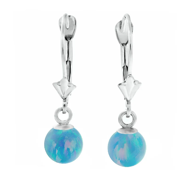 women’s minimal earrings -Carrie: Cornflower Blue Created Australian Opal Ball Drop Leverback Earrings 14K White Gold