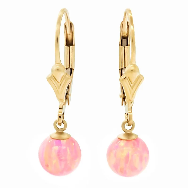 women’s heart-shaped earrings -Elana: Pink Angel Skin Created Australian Opal Ball Drop Leverback Earrings 14-20 Gold Filled