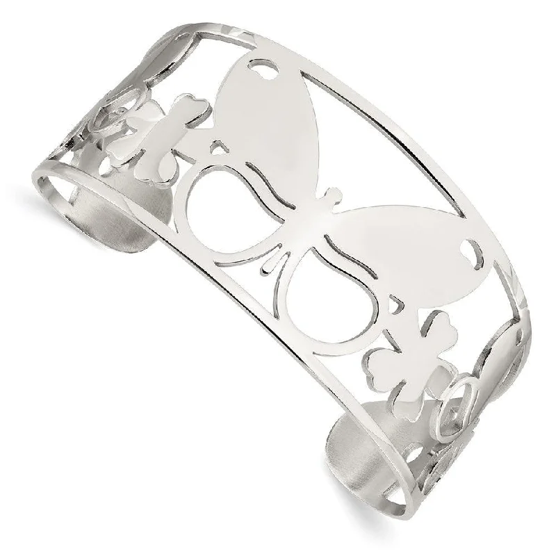 engraved bracelets for women -Stainless Steel Polished Butterfly Cuff Bangle