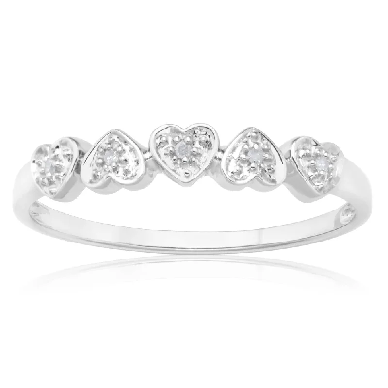 cushion cut engagement rings for women -Sterling Silver 0.02 Carat Five Hearts Diamond Ring with 5 Brilliant Cut Diamonds