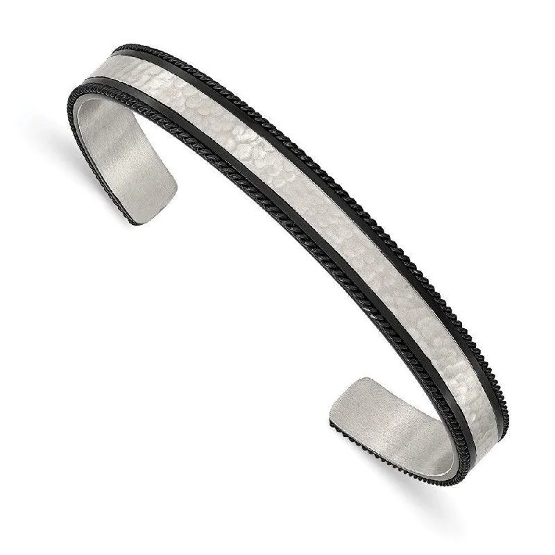 floral bangles for women -Stainless Steel Brushed Polished & Hammered Black IP Wire Edge Bangle