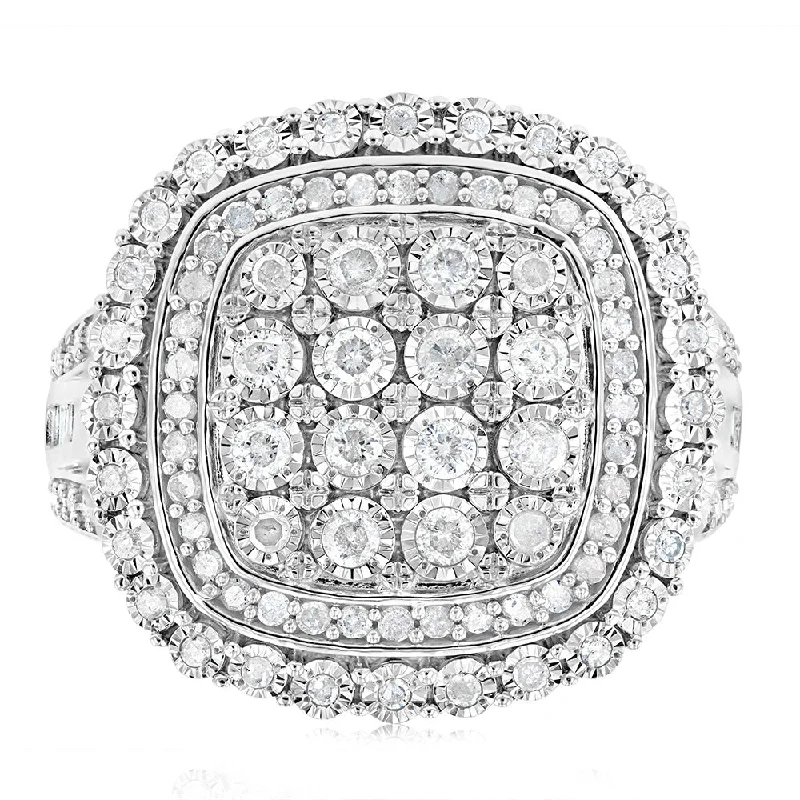 radiant cut engagement rings for women -Sterling Silver 1 Carat Diamond Ring With 112 Brilliant & 22 Baguette Cut Diamonds