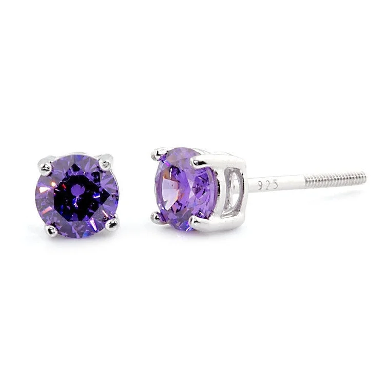 women’s bohemian drop earrings -5mm Brilliant Cut Amethyst Ice CZ Screw Back Earrings Sterling Silver