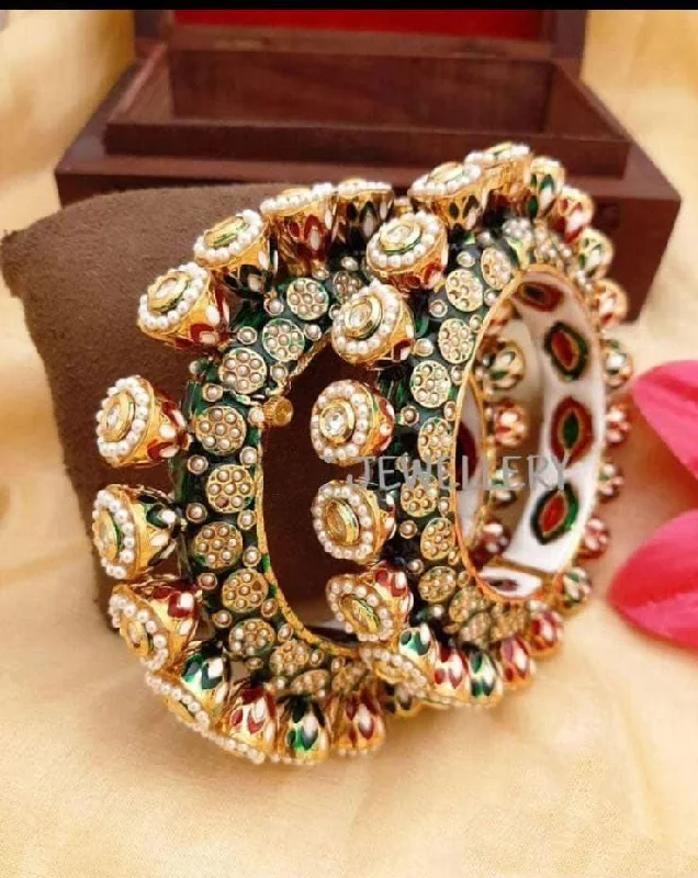 crystal bangles for women -Rajwadi Judau Kundan Kada Set, Rajwadi kada, Pachali bangles , Meenakari Kada, Indian Wedding jewelry, Kundan bridal bangles Set, Set of 2