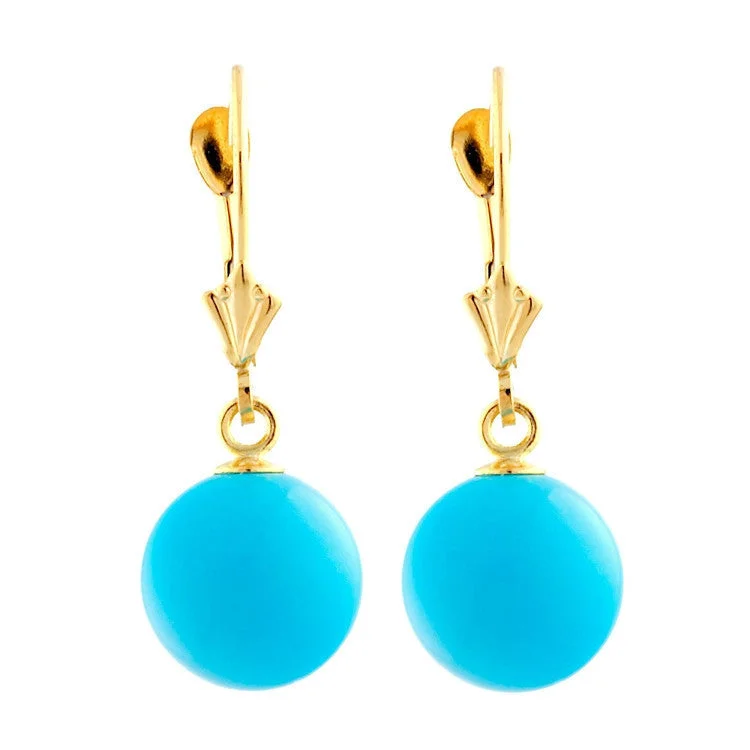 trendy stud earrings for women -10mm Sleeping Beauty Turquoise Ball Drop Leverback Earrings 14K Gold