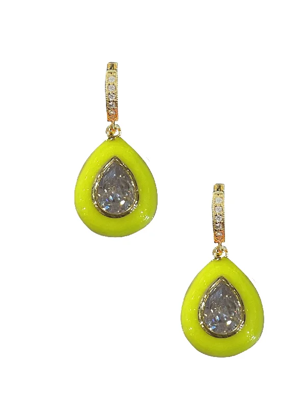 women’s multi-chain earrings -Yellow Enamel Bezel Teardrop Huggies