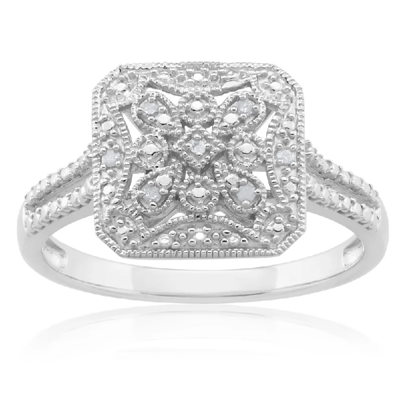 silver engagement rings for women -Sterling Silver 0.03 Carat Diamond Ring with 6 Brilliant Cut Diamonds