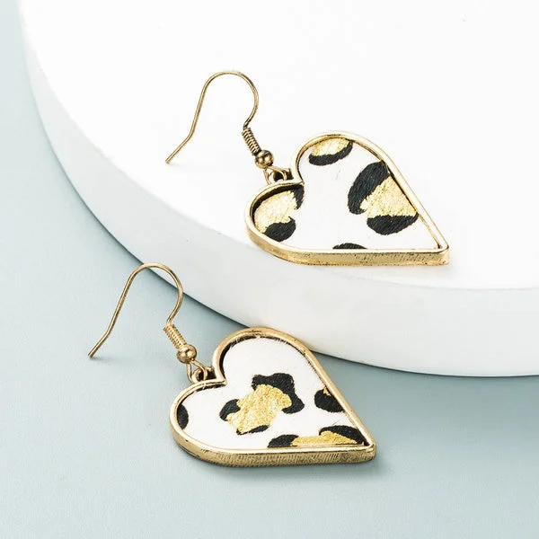 women’s dangling earrings -White Leopard Faux Fur Heart Shaped Earrings