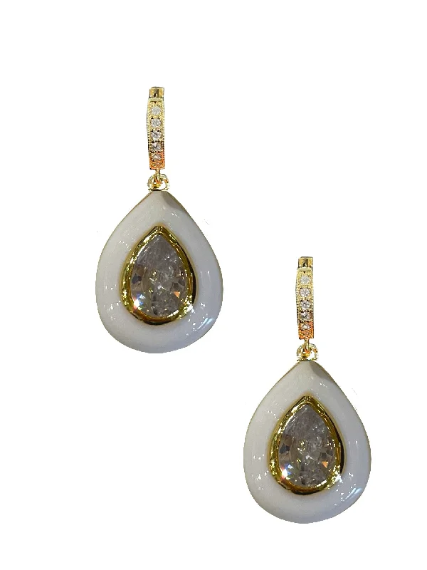 women’s birthstone earrings -White Enamel Bezel Teardrop Huggies