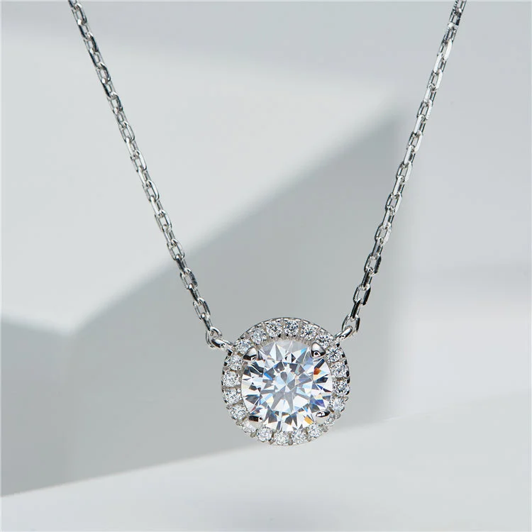 luxury necklaces for women -Round Cut Halo Necklace In Sterling Silver